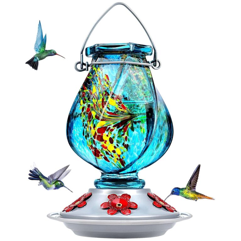BOLITE Hummingbird Feeder, Hand Blown Glass Hummingbird Feeders for Outdoors Hanging, 22 Ounce, Five Feeding Ports with Perch, Blue BOLITE Hummingbird Feeder, Hand Blown Glass Hummingbird Feeders for Outdoors Hanging, 22 Ounce, Five Feeding Ports with Perch, Blue